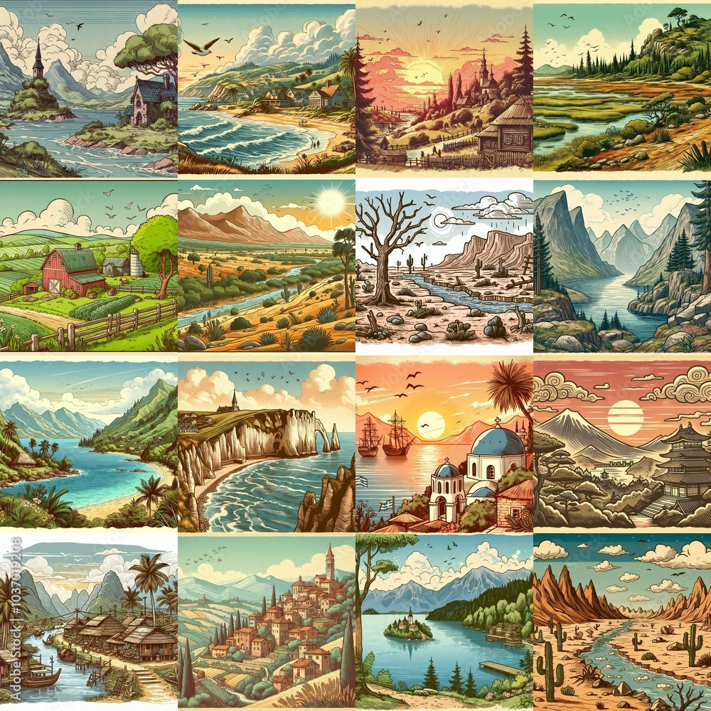Cartoon landscapes. AI generated illustration Cartoon landscapes. AI generated illustration