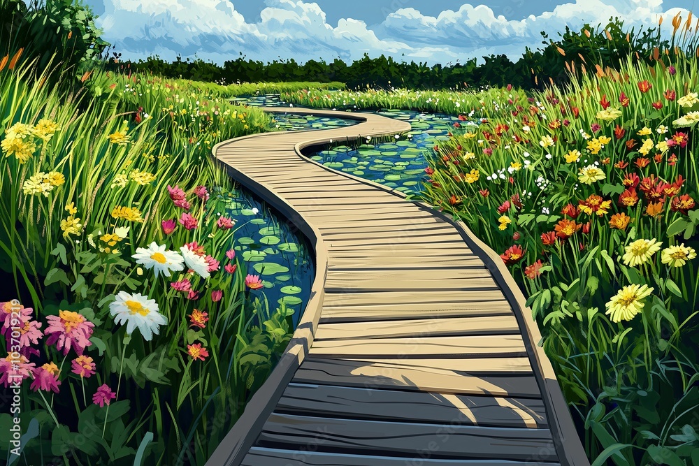 Obraz premium Landscape with boardwalk bridge through swamp and meadow with flowers