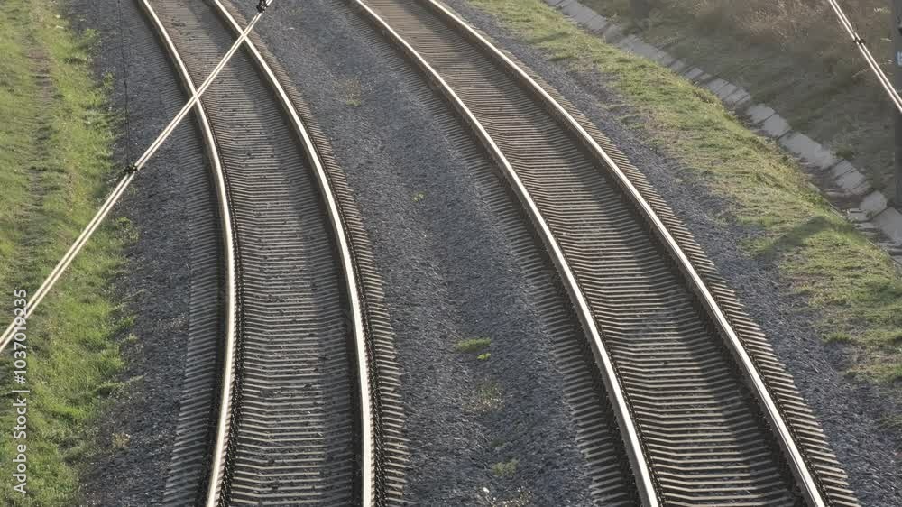 Twisting railway tracks, pleasantly surrounded by lush green grass and soft evening lighting, create a beautiful scene Twisting railway tracks, pleasantly surrounded by lush green grass and soft evening lighting, create a beautiful scene