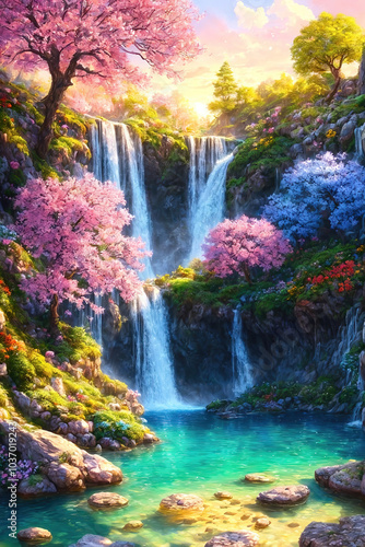 Paradise landscape with beautiful  gardens, waterfalls and flowers, magical idyllic background with many flowers in eden.