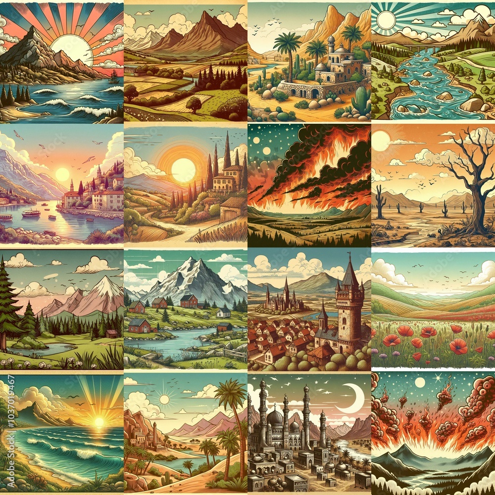 Cartoon landscapes. AI generated illustration Cartoon landscapes. AI generated illustration