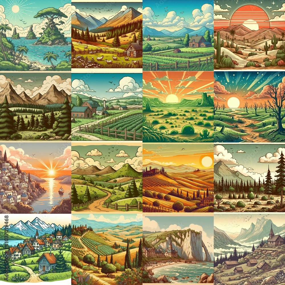 Obraz premium Cartoon landscapes. AI generated illustration