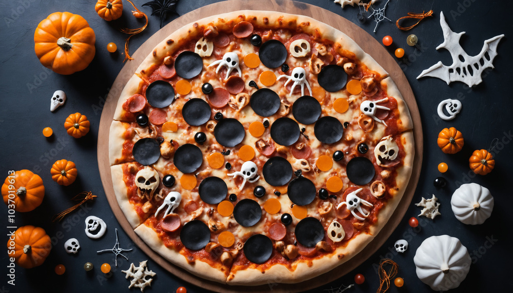Pizza with decorations for Halloween.AI Generated Pizza with decorations for Halloween.AI Generated