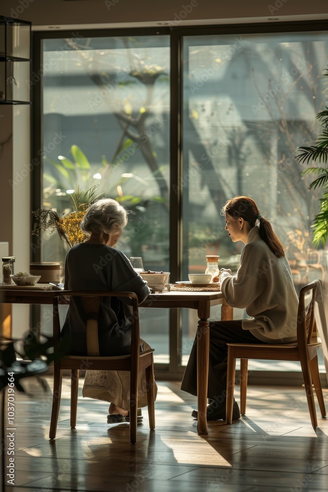 Woman having lunch with an elderly woman, enjoying time togethe Woman having lunch with an elderly woman, enjoying time togethe