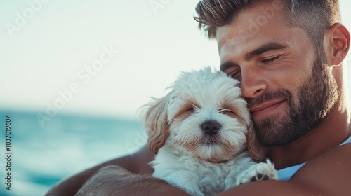 A content man enjoys a serene moment with his adorable dog by the ocean, both basking in the sun's warmth and capturing the essence of tranquility and joy. photo