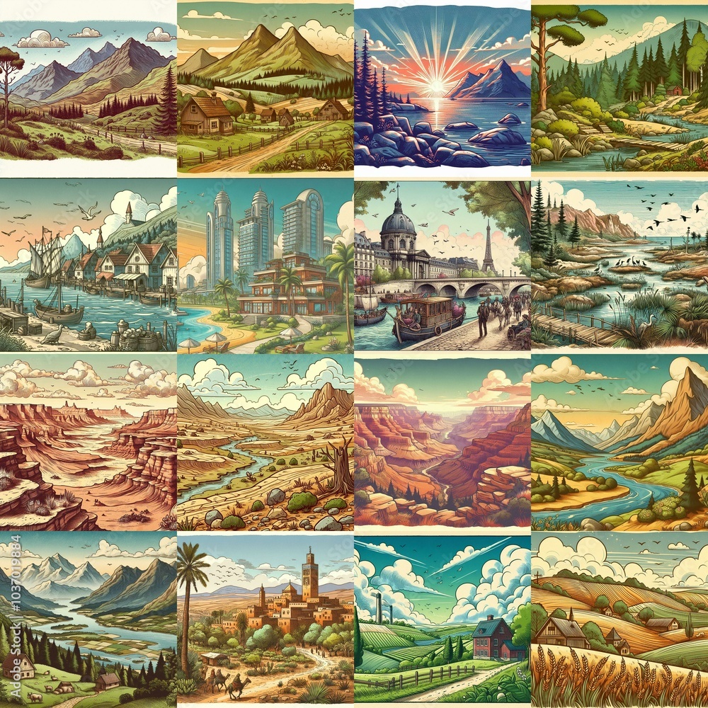 Cartoon landscapes. AI generated illustration Cartoon landscapes. AI generated illustration