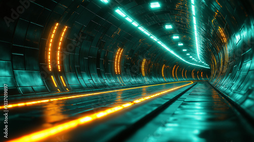 A futuristic, glowing tunnel with neon green and orange lights, reflecting off metallic surfaces, creating a high-tech, sci-fi atmosphere of speed and endless motion.