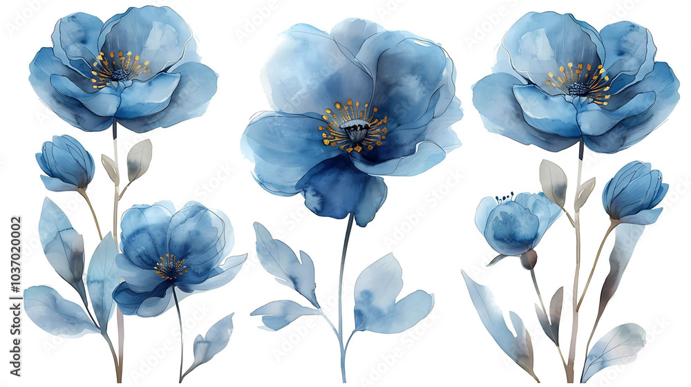 © Chelebi - Set of blue watercolor flowers, leaves and twigs on white background. Botanical watercolor painting for decorative invitations, posters, or cards