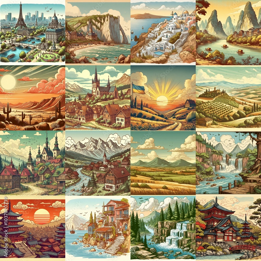 Cartoon landscapes. AI generated illustration Cartoon landscapes. AI generated illustration