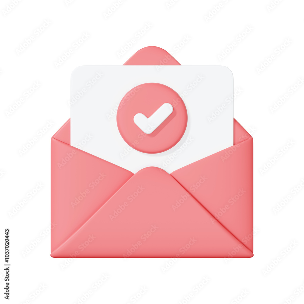 Open pink envelope containing a card with a check mark icon, symbolizing confirmation, approval, or successful communication. 3D render illustration Open pink envelope containing a card with a check mark icon, symbolizing confirmation, approval, or successful communication. 3D render illustration
