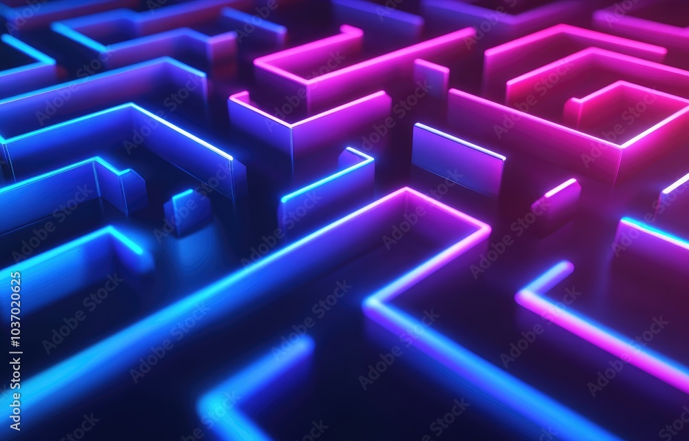 A vibrant, neon maze design showcasing intricate pathways and illuminated edges. A vibrant, neon maze design showcasing intricate pathways and illuminated edges.
