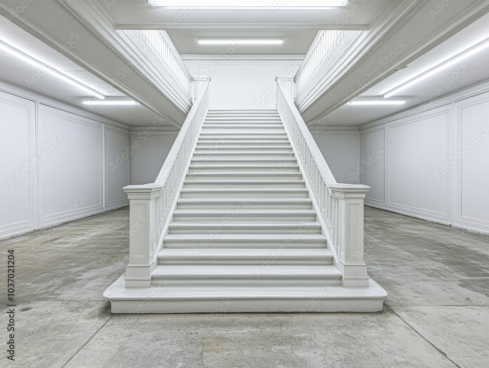 White staircase leading to a bright upper level in a minimalist interior during daylight hours White staircase leading to a bright upper level in a minimalist interior during daylight hours