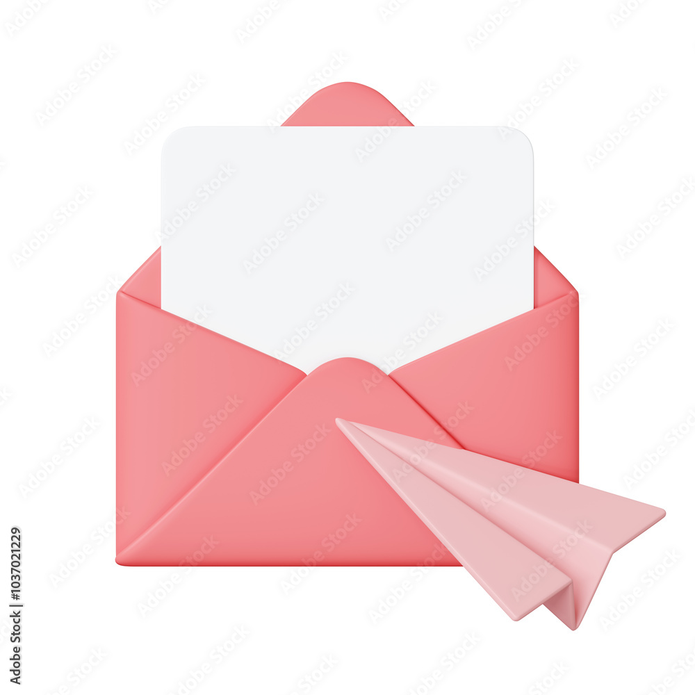 Pink envelope containing a blank card, accompanied by a pink paper plane, symbolizing email, messaging, or communication. 3D render illustration Pink envelope containing a blank card, accompanied by a pink paper plane, symbolizing email, messaging, or communication. 3D render illustration