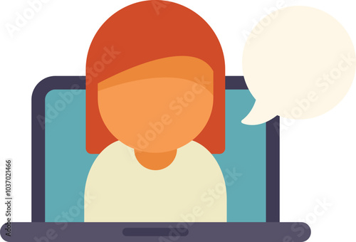 Faceless woman character appearing from laptop screen with speech bubble, talking and using computer