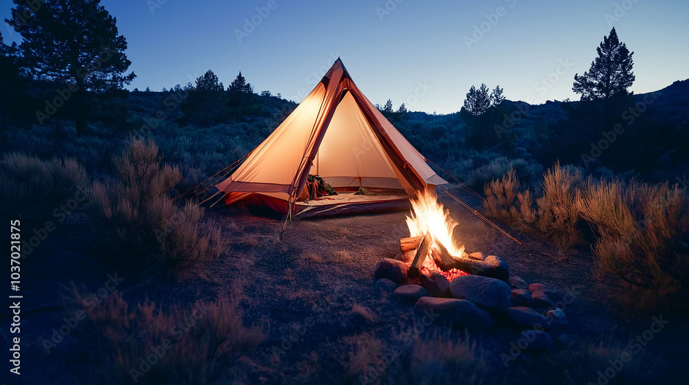 Minimalist Campsite with a Single Tent and Campfire, Clear Sky, generative ai Minimalist Campsite with a Single Tent and Campfire, Clear Sky, generative ai
