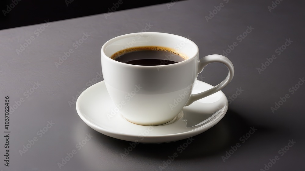 A sleek white cup holds freshly brewed coffee on a matching saucer against a smooth gray background. The scene captures a tranquil coffee moment. A sleek white cup holds freshly brewed coffee on a matching saucer against a smooth gray background. The scene captures a tranquil coffee moment.