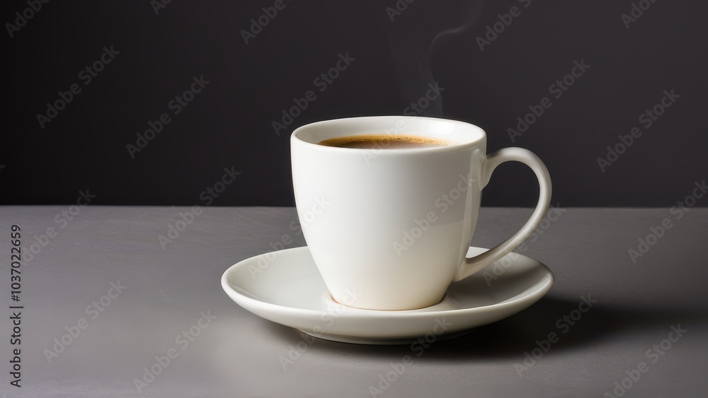 A sleek white cup holds freshly brewed coffee on a matching saucer against a smooth gray background. The scene captures a tranquil coffee moment. A sleek white cup holds freshly brewed coffee on a matching saucer against a smooth gray background. The scene captures a tranquil coffee moment.