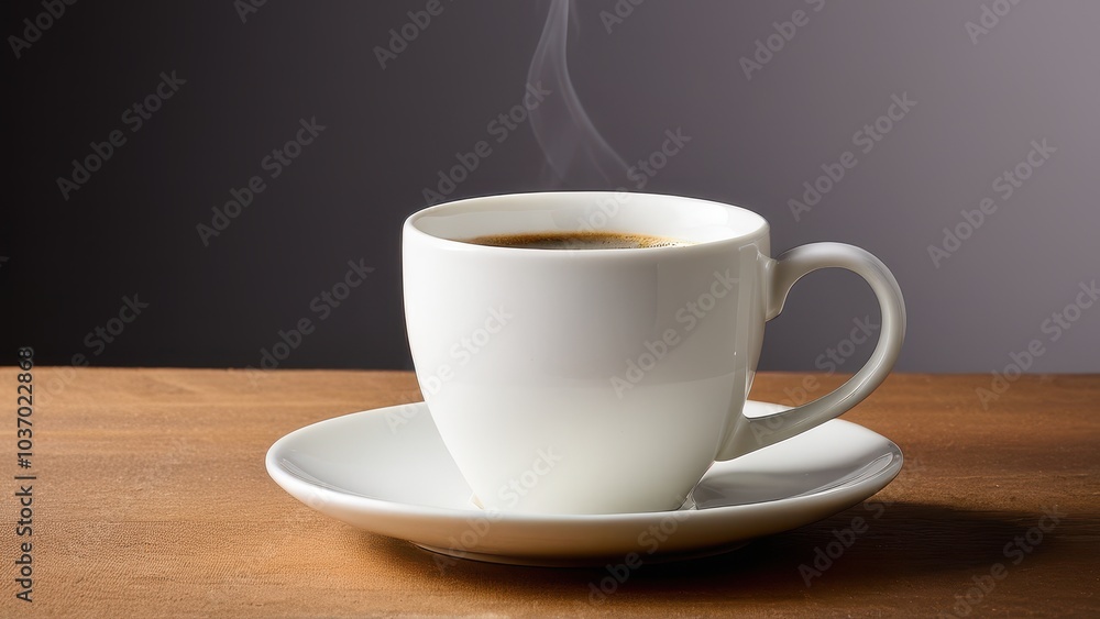 A sleek white cup holds freshly brewed coffee on a matching saucer against a smooth gray background. The scene captures a tranquil coffee moment. A sleek white cup holds freshly brewed coffee on a matching saucer against a smooth gray background. The scene captures a tranquil coffee moment.