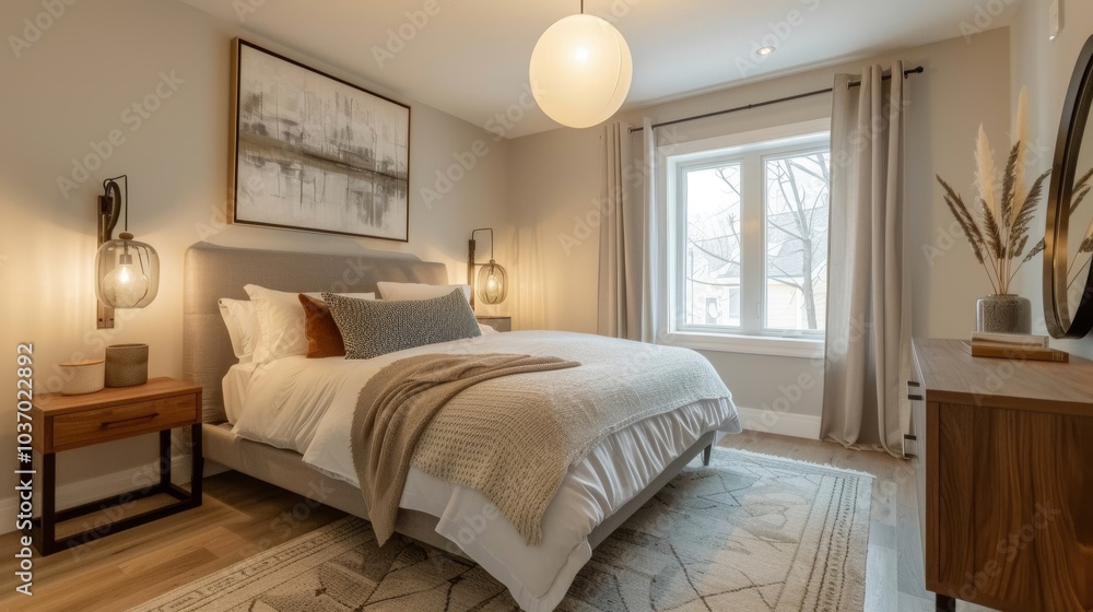An urban nook Scandinavian bedroom featuring a double bed with a sleek headboard bedside tables An urban nook Scandinavian bedroom featuring a double bed with a sleek headboard bedside tables