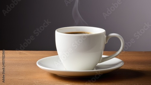 A sleek white cup holds freshly brewed coffee on a matching saucer against a smooth gray background. The scene captures a tranquil coffee moment.