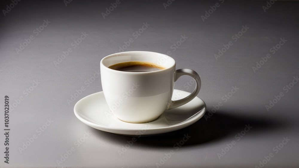 A sleek white cup holds freshly brewed coffee on a matching saucer against a smooth gray background. The scene captures a tranquil coffee moment. A sleek white cup holds freshly brewed coffee on a matching saucer against a smooth gray background. The scene captures a tranquil coffee moment.