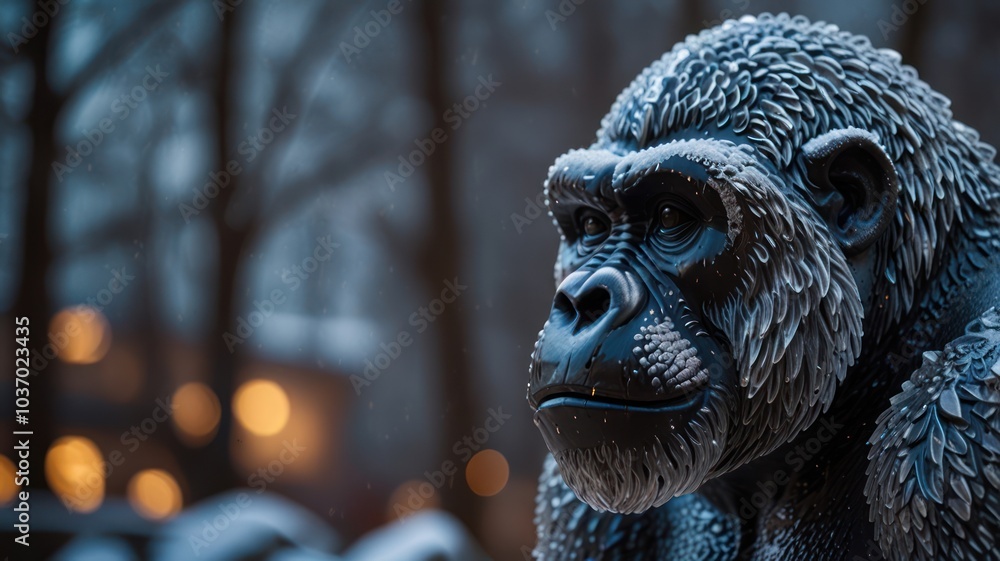 Close-up portrait of a gorilla statue covered in frost, with a blurred background of a winter scene. Close-up portrait of a gorilla statue covered in frost, with a blurred background of a winter scene.
