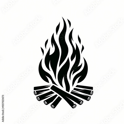 Black minimalist silhouette of a campfire on a white background, ideal for outdoor or adventure-themed designs. photo