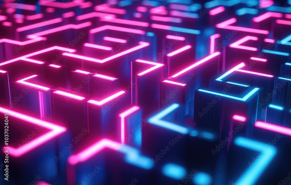 A vibrant maze of glowing neon lines in pink and blue, resembling a digital labyrinth. A vibrant maze of glowing neon lines in pink and blue, resembling a digital labyrinth.