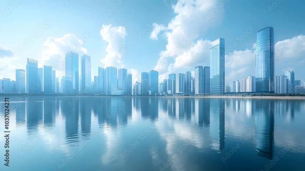 Modern city skyline with glass skyscrapers by a waterfront, reflecting calm water under a clear blue sky with panoramic urban architectural views. Modern city skyline with glass skyscrapers by a waterfront, reflecting calm water under a clear blue sky with panoramic urban architectural views.