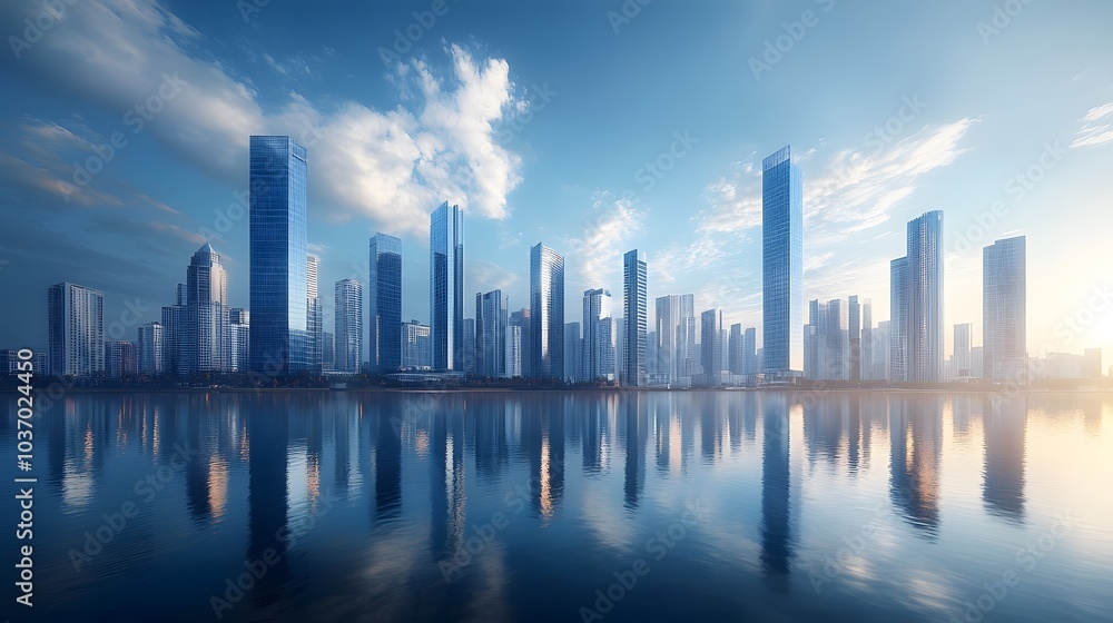 Modern city skyline with glass skyscrapers by a waterfront, reflecting calm water under a clear blue sky with panoramic urban architectural views. Modern city skyline with glass skyscrapers by a waterfront, reflecting calm water under a clear blue sky with panoramic urban architectural views.