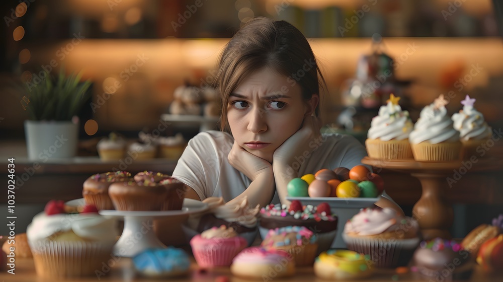 A lonely person sitting alone at a table, surrounded by various sugary treats such as donuts, cupcakes, and candy, looking sad and thoughtful. loneliness, emotional eating, health, psychology A lonely person sitting alone at a table, surrounded by various sugary treats such as donuts, cupcakes, and candy, looking sad and thoughtful. loneliness, emotional eating, health, psychology