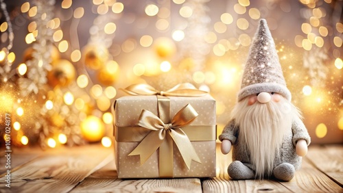 Scandinavian Nordic Gnome. Winter holiday greeting card or sticker with 3D toy character and gift box present on gold glitter sparkles, festive bokeh decor. Collection in Christmas and New Year style.