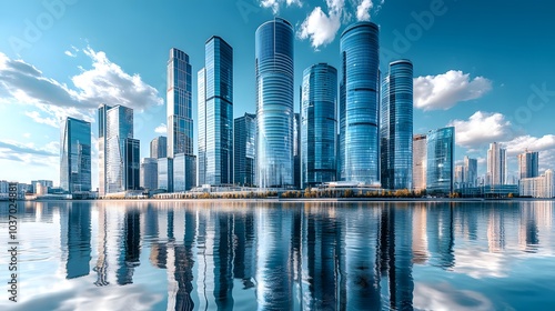 Modern city skyline with glass skyscrapers by a waterfront, reflecting calm water under a clear blue sky with panoramic urban architectural views. photo