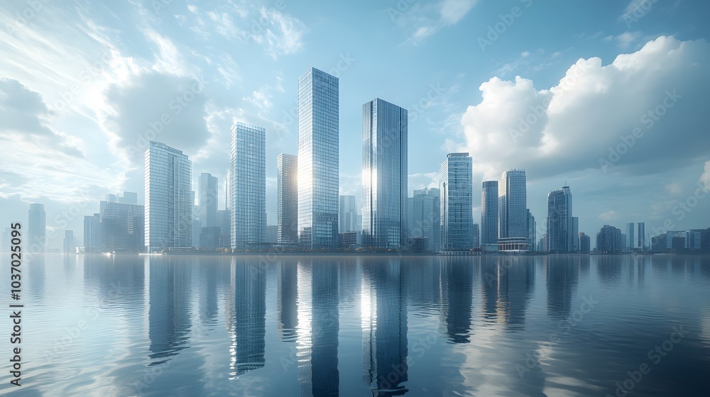 Fototapeta premium Modern city skyline with glass skyscrapers by a waterfront, reflecting calm water under a clear blue sky with panoramic urban architectural views.