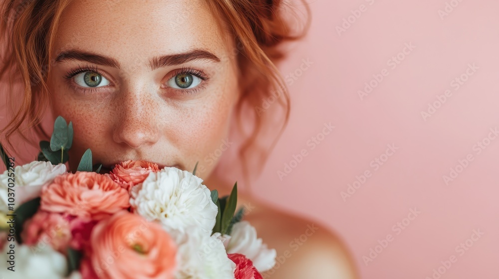 A woman with freckles and vivid green eyes holds a bouquet of mixed flowers against a soft pink backdrop, capturing a moment of natural beauty and serenity. A woman with freckles and vivid green eyes holds a bouquet of mixed flowers against a soft pink backdrop, capturing a moment of natural beauty and serenity.