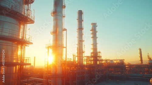 Oil refinery complex with towering distillation columns and gleaming metal structures under a clear sky, highlighting industrial architecture at golden hour. photo