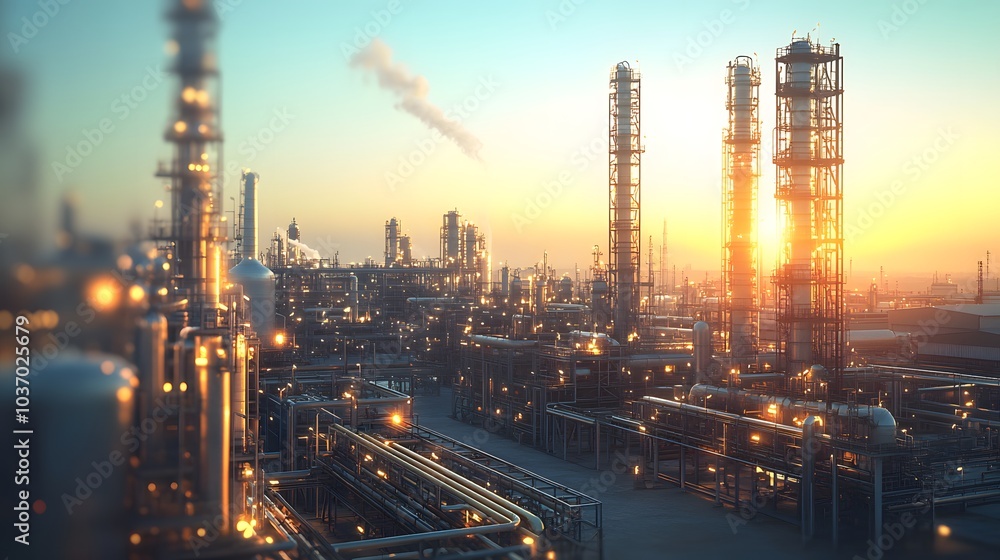 Obraz premium Oil refinery complex with towering distillation columns and gleaming metal structures under a clear sky, highlighting industrial architecture at golden hour.