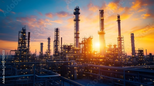 Wallpaper Mural Oil refinery complex with towering distillation columns and gleaming metal structures under a clear sky, highlighting industrial architecture at golden hour. Torontodigital.ca
