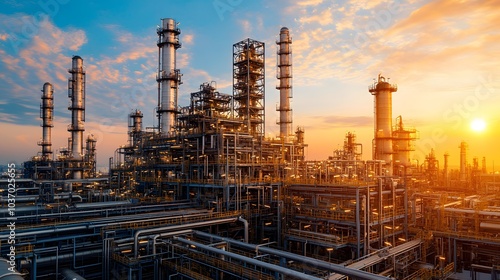 Wallpaper Mural Oil refinery complex with towering distillation columns and gleaming metal structures under a clear sky, highlighting industrial architecture at golden hour. Torontodigital.ca