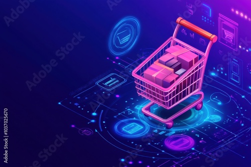 A shopping cart filled with goods, surrounded by holographic product icons in a futuristic e-commerce platform, with digital payment options visible