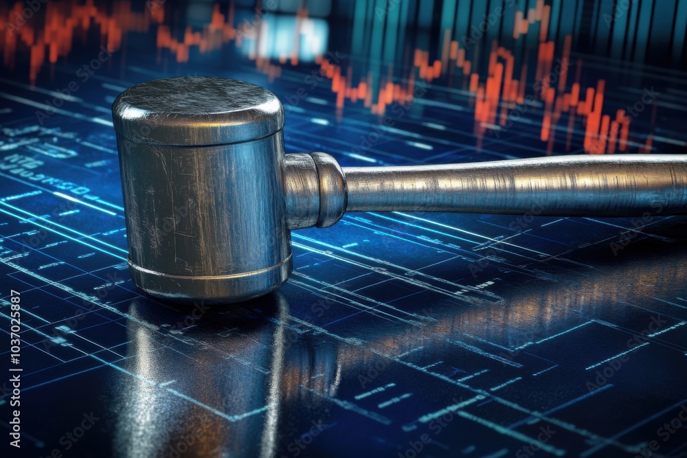 A sleek auction hammer striking down on a modern, reflective surface, with financial charts and graphs in the background, symbolizing economic law decisions A sleek auction hammer striking down on a modern, reflective surface, with financial charts and graphs in the background, symbolizing economic law decisions