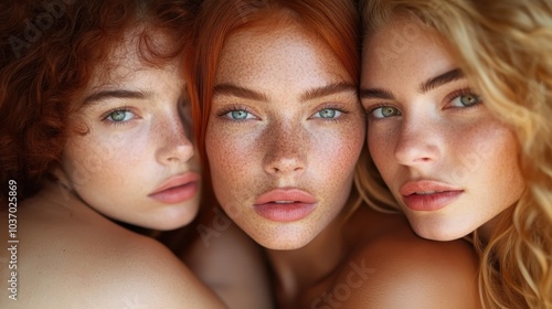 Three women with striking freckles and red hair pose closely together, showcasing their natural beauty and confidence in a harmonious and intimate setting.