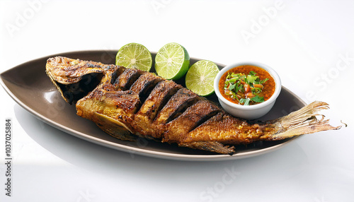 Indulge in Ikan Bakar: A succulent grilled fish marinated in a spicy, aromatic sauce, served with zesty lime wedges and a vibrant chili dip. A culinary delight! photo