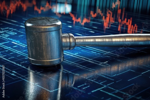 A sleek auction hammer striking down on a modern, reflective surface, with financial charts and graphs in the background, symbolizing economic law decisions