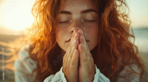 A red-haired woman with freckles is meditating on the beach at sunset, hands in prayer position, exuding tranquility and peace as the sun sets behind her. photo