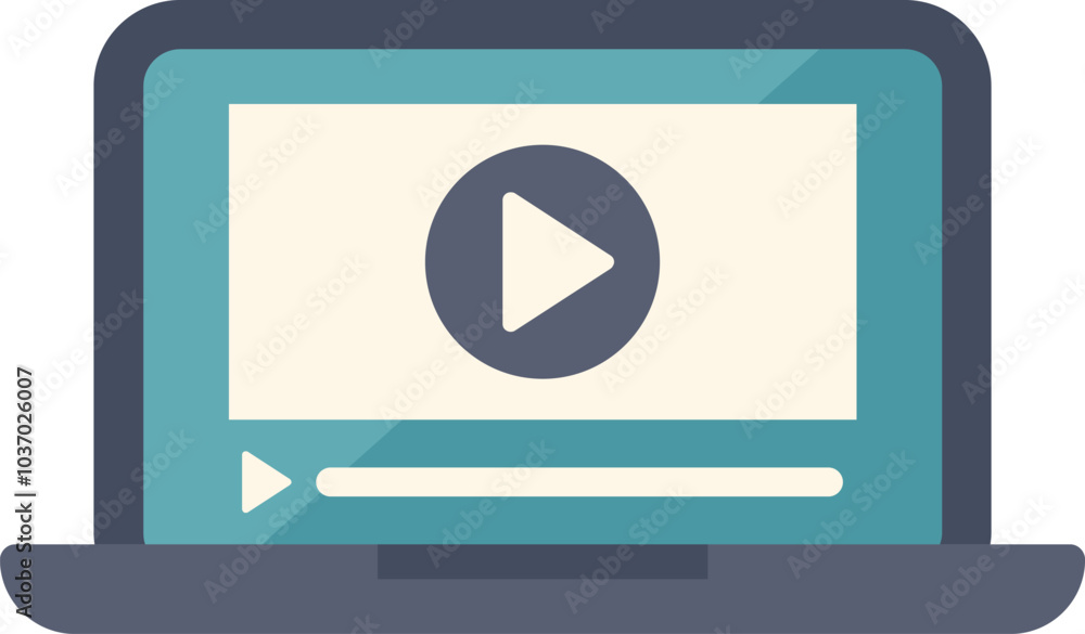 Modern laptop is playing a video, with a play button visible, representing online streaming services Modern laptop is playing a video, with a play button visible, representing online streaming services