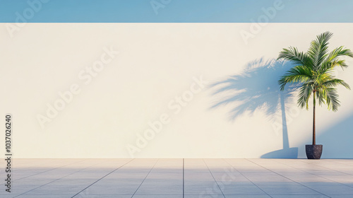 A contemporary outdoor space featuring a palm tree and a minimalist wall against a clear sky