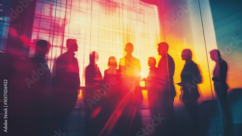 Silhouetted professionals engaged in dynamic conversation at sunset. Brainstorming and Collaborative Strategies concept