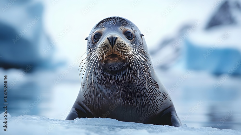 Obraz premium Sea lion resting on an ice floe in the Arctic, with a glacial background and calm water reflections, highlighting wildlife in its natural habitat.