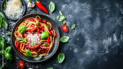 Fresh Pasta with Basil and Cherry Tomatoes on Plate